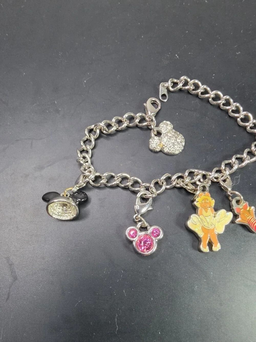 Kids Disney Silver Charm Bracelet with Pink and Black Mickey Charms